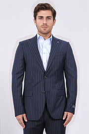 Slim fit mono yaka çizgili lacivert yünlü takım elbise